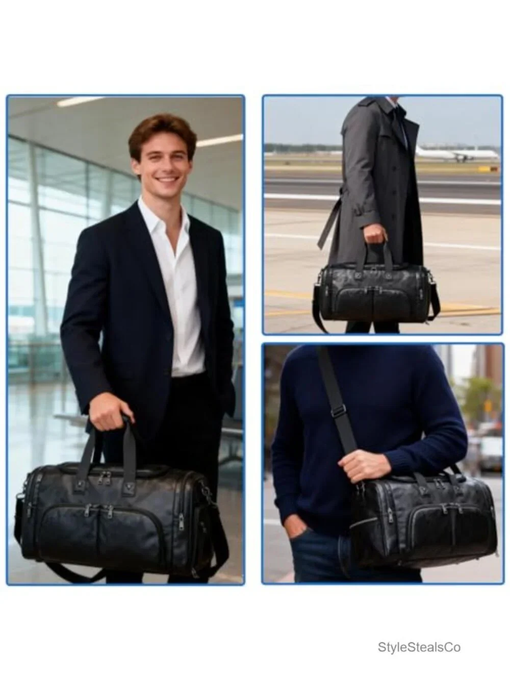 Leather Travel Duffle Bag Weekender Overnight with Shoe Compartment Waterproof
